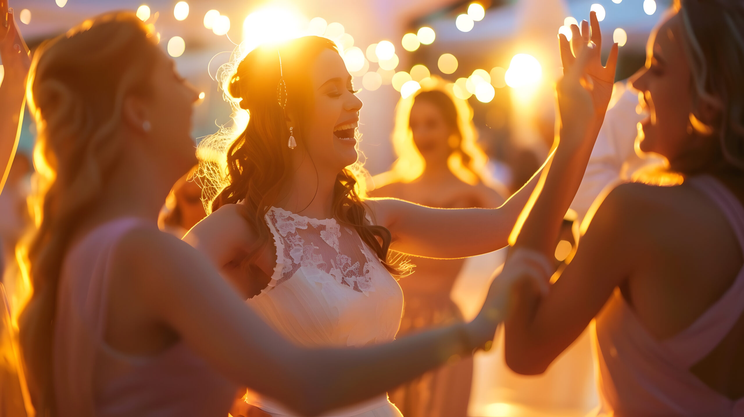Happy bridesmaids dancing at wedding reception : Generative AI